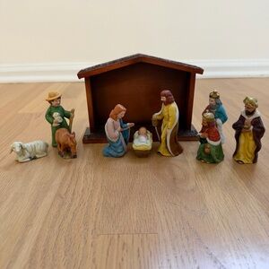 Biedermann Vintage Nativity Set  Ceramic Figures Wood Crèche German NEW